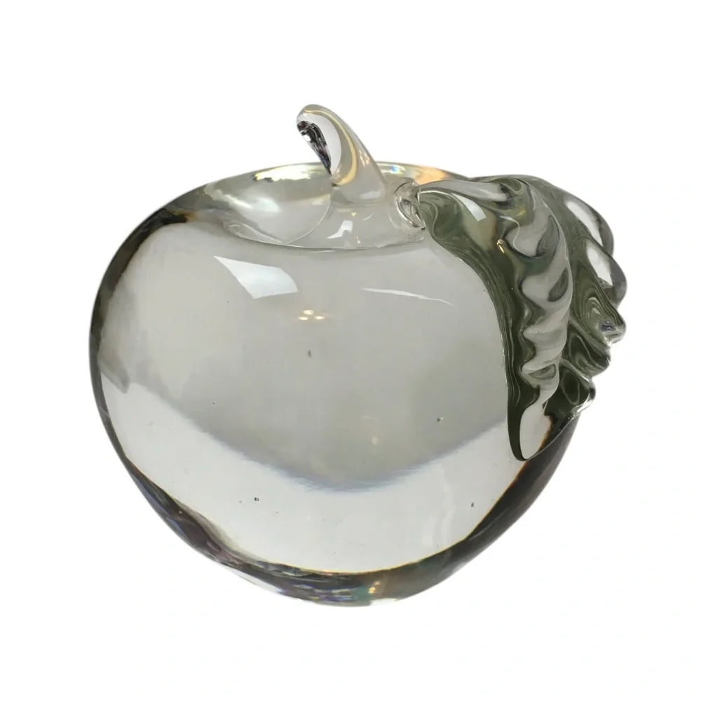 VINTAGE Clear Glass Apple Paperweight MCM Heavy Textured Leaf Desk Office Decor